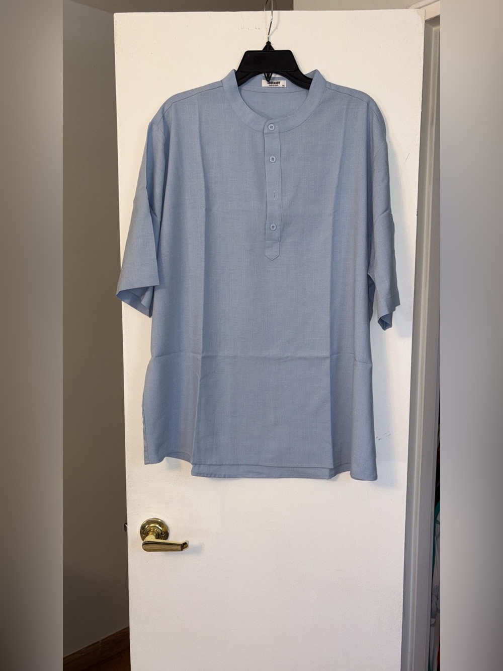 COOFANDY Men 2XL Blue Solid Short Sleeve Band Collar Button-Up Shirt